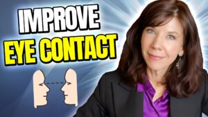 two cartoon faces looking at each other, alongside a picture of antoinette griffin. text reads, "improve eye contact"