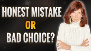 text reads, "honest mistake or bad choice". Antoinette Griffin stands next to the text, wearing a white sweater, with her arms crossed.