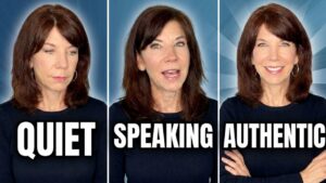 Quiet-speaking-authentic - words pasted across three images of Antoinette
